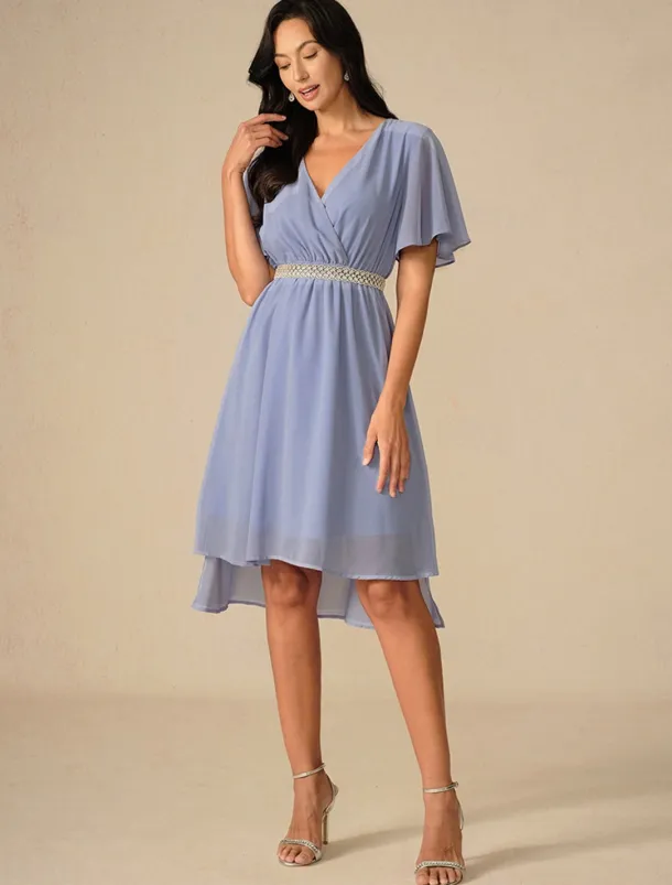 Women's Wedding Guest Cocktail Dress Bridesmaid Chiffon Split Thigh Elegant Midi Dress V Neck Short Flounce Sleeve Pink Blue Green Color