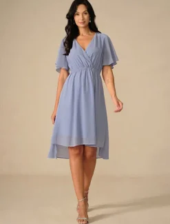 Women's Wedding Guest Cocktail Dress Bridesmaid Chiffon Split Thigh Elegant Midi Dress V Neck Short Flounce Sleeve Pink Blue Green Color