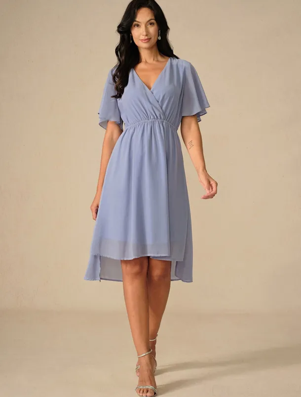 Women's Wedding Guest Cocktail Dress Bridesmaid Chiffon Split Thigh Elegant Midi Dress V Neck Short Flounce Sleeve Pink Blue Green Color