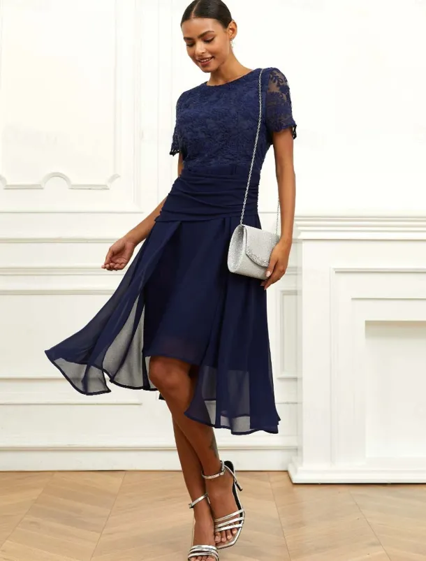 Women's Wedding Guest Cocktail Dress Chiffon Lace Ruched Crew Neck Short Sleeve Midi Dress Party Elegant Formal Dark Blue Summer