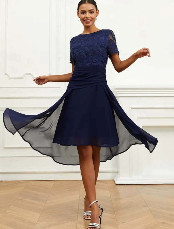 Women's Wedding Guest Cocktail Dress Chiffon Lace Ruched Crew Neck Short Sleeve Midi Dress Party Elegant Formal Dark Blue Summer