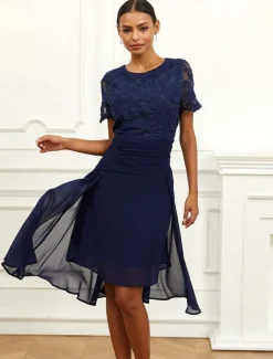 Women's Wedding Guest Cocktail Dress Chiffon Lace Ruched Crew Neck Short Sleeve Midi Dress Party Elegant Formal Dark Blue Summer