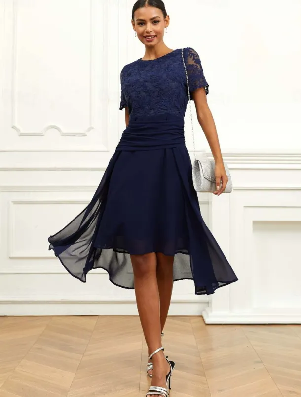 Women's Wedding Guest Cocktail Dress Chiffon Lace Ruched Crew Neck Short Sleeve Midi Dress Party Elegant Formal Dark Blue Summer