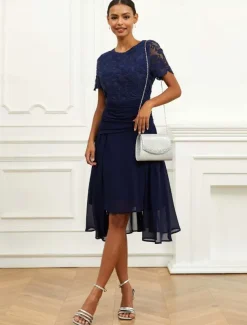 Women's Wedding Guest Cocktail Dress Chiffon Lace Ruched Crew Neck Short Sleeve Midi Dress Party Elegant Formal Dark Blue Summer