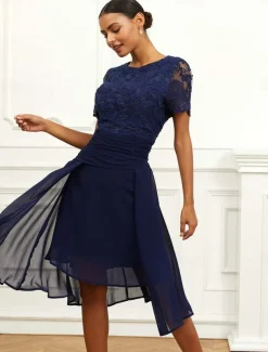 Women's Wedding Guest Cocktail Dress Chiffon Lace Ruched Crew Neck Short Sleeve Midi Dress Party Elegant Formal Dark Blue Summer