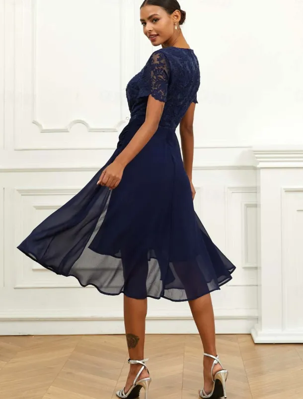 Women's Wedding Guest Cocktail Dress Chiffon Lace Ruched Crew Neck Short Sleeve Midi Dress Party Elegant Formal Dark Blue Summer