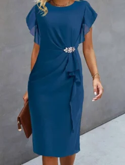 Women's Wedding Guest Cocktail Party Dress Midi Chiffon Dress Wine Blue Green Short Sleeve Solid Color Ruffle Crew Neck Evening Summer Spring Fall