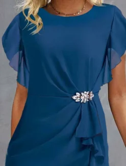 Women's Wedding Guest Cocktail Party Dress Midi Chiffon Dress Wine Blue Green Short Sleeve Solid Color Ruffle Crew Neck Evening Summer Spring Fall