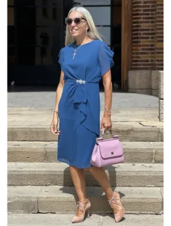 Women's Wedding Guest Cocktail Party Dress Midi Chiffon Dress Wine Blue Green Short Sleeve Solid Color Ruffle Crew Neck Evening Summer Spring Fall