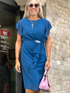 Women's Wedding Guest Cocktail Party Dress Midi Chiffon Dress Wine Blue Green Short Sleeve Solid Color Ruffle Crew Neck Evening Summer Spring Fall