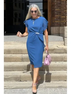 Women's Wedding Guest Cocktail Party Dress Midi Chiffon Dress Wine Blue Green Short Sleeve Solid Color Ruffle Crew Neck Evening Summer Spring Fall