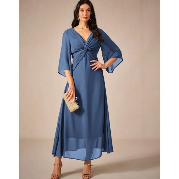 Women's Wedding Guest Cocktail Dress Chiffon Plain Ruffle Twisted Elegant Summer Maxi Dress V Neck Flared 3/4 Length Sleeve