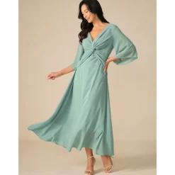 Women's Wedding Guest Cocktail Dress Chiffon Plain Ruffle Twisted Elegant Summer Maxi Dress V Neck Flared 3/4 Length Sleeve