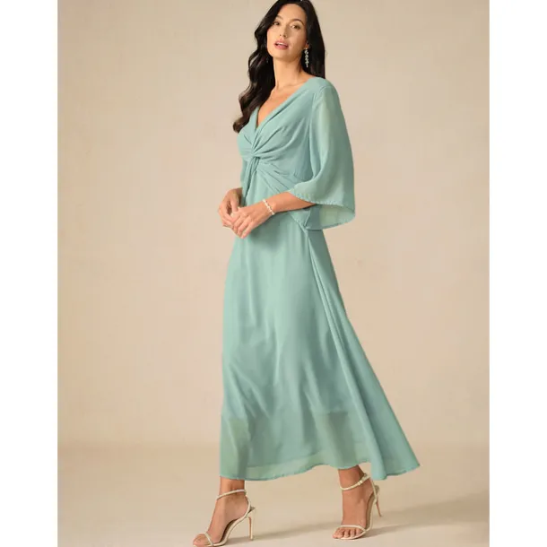 Women's Wedding Guest Cocktail Dress Chiffon Plain Ruffle Twisted Elegant Summer Maxi Dress V Neck Flared 3/4 Length Sleeve