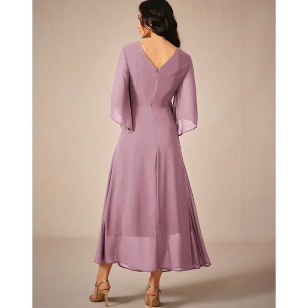 Women's Wedding Guest Cocktail Dress Chiffon Plain Ruffle Twisted Elegant Summer Maxi Dress V Neck Flared 3/4 Length Sleeve
