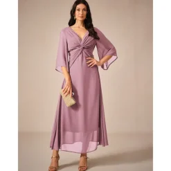 Women's Wedding Guest Cocktail Dress Chiffon Plain Ruffle Twisted Elegant Summer Maxi Dress V Neck Flared 3/4 Length Sleeve
