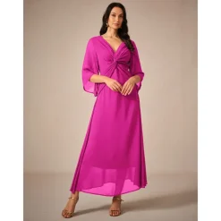 Women's Wedding Guest Cocktail Dress Chiffon Plain Ruffle Twisted Elegant Summer Maxi Dress V Neck Flared 3/4 Length Sleeve