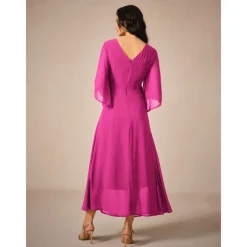 Women's Wedding Guest Cocktail Dress Chiffon Plain Ruffle Twisted Elegant Summer Maxi Dress V Neck Flared 3/4 Length Sleeve