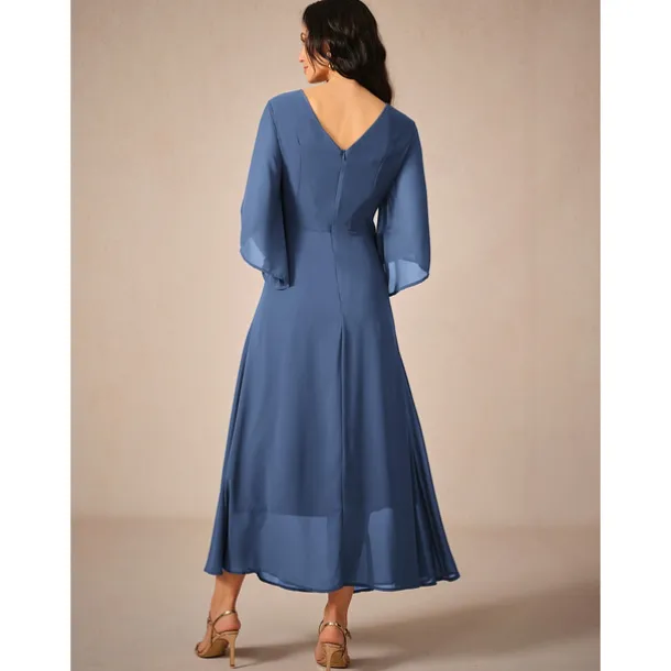 Women's Wedding Guest Cocktail Dress Chiffon Plain Ruffle Twisted Elegant Summer Maxi Dress V Neck Flared 3/4 Length Sleeve