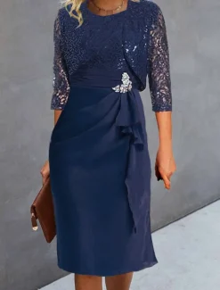 Women's Wedding Guest Cocktail Dress Set Chiffon Lace Patchwork Elegant Spring Fall Midi Dress Crew Neck 3/4 Length Sleeve Navy Blue