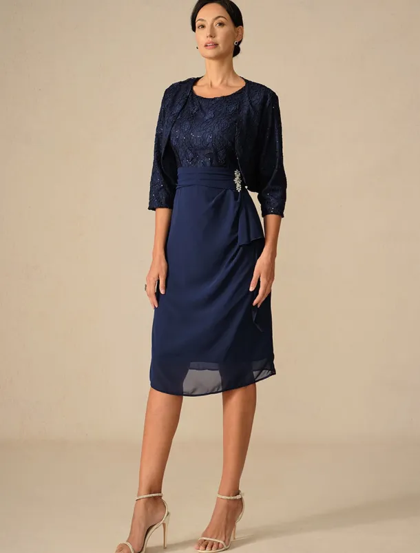 Women's Wedding Guest Cocktail Dress Set Chiffon Lace Patchwork Elegant Spring Fall Midi Dress Crew Neck 3/4 Length Sleeve Navy Blue