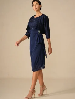 Women's Wedding Guest Cocktail Dress Set Chiffon Lace Patchwork Elegant Spring Fall Midi Dress Crew Neck 3/4 Length Sleeve Navy Blue