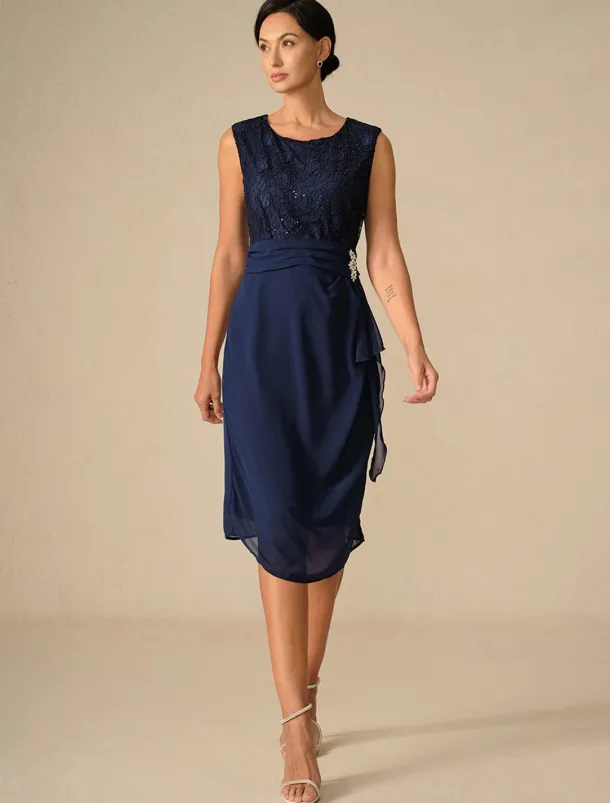 Women's Wedding Guest Cocktail Dress Set Chiffon Lace Patchwork Elegant Spring Fall Midi Dress Crew Neck 3/4 Length Sleeve Navy Blue