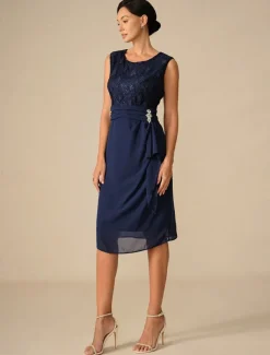 Women's Wedding Guest Cocktail Dress Set Chiffon Lace Patchwork Elegant Spring Fall Midi Dress Crew Neck 3/4 Length Sleeve Navy Blue