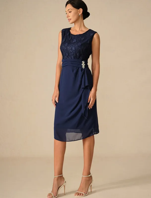 Women's Wedding Guest Cocktail Dress Set Chiffon Lace Patchwork Elegant Spring Fall Midi Dress Crew Neck 3/4 Length Sleeve Navy Blue