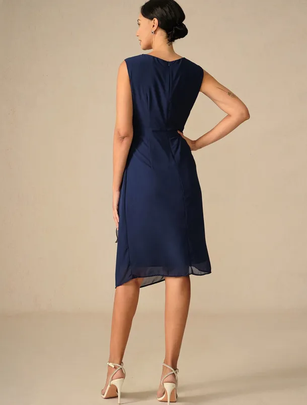 Women's Wedding Guest Cocktail Dress Set Chiffon Lace Patchwork Elegant Spring Fall Midi Dress Crew Neck 3/4 Length Sleeve Navy Blue