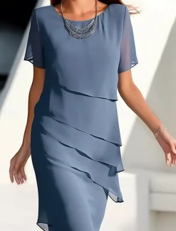 Women's Wedding Guest Cocktail Dress Chiffon Layered Plain Summer Spring Elegant Midi Dress Short Sleeve