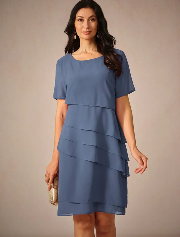 Women's Wedding Guest Cocktail Dress Chiffon Layered Plain Summer Spring Elegant Midi Dress Short Sleeve