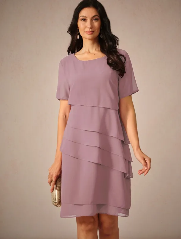 Women's Wedding Guest Cocktail Dress Chiffon Layered Plain Summer Spring Elegant Midi Dress Short Sleeve