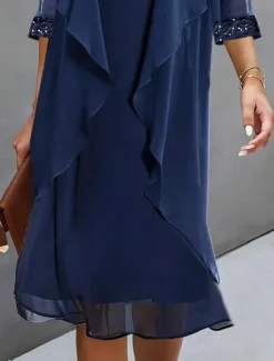 Women's Wedding Guest Cocktail Dress Chiffon Daily Fashion Patchwork Sequin Casual Elegant Two Piece Dress Set Fall Winter Midi Dress Crew Neck 3/4 Length Sleeve Plain Navy Blue
