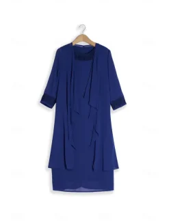 Women's Wedding Guest Cocktail Dress Chiffon Daily Fashion Patchwork Sequin Casual Elegant Two Piece Dress Set Fall Winter Midi Dress Crew Neck 3/4 Length Sleeve Plain Navy Blue