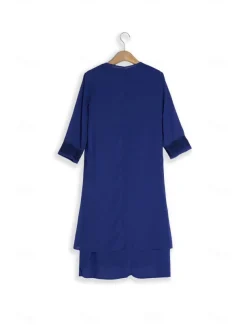 Women's Wedding Guest Cocktail Dress Chiffon Daily Fashion Patchwork Sequin Casual Elegant Two Piece Dress Set Fall Winter Midi Dress Crew Neck 3/4 Length Sleeve Plain Navy Blue