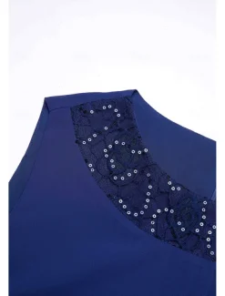 Women's Wedding Guest Cocktail Dress Chiffon Daily Fashion Patchwork Sequin Casual Elegant Two Piece Dress Set Fall Winter Midi Dress Crew Neck 3/4 Length Sleeve Plain Navy Blue