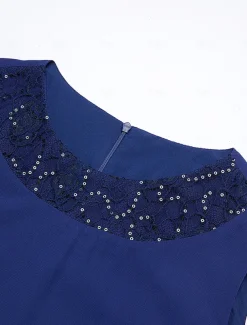 Women's Wedding Guest Cocktail Dress Chiffon Daily Fashion Patchwork Sequin Casual Elegant Two Piece Dress Set Fall Winter Midi Dress Crew Neck 3/4 Length Sleeve Plain Navy Blue