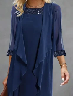Women's Wedding Guest Cocktail Dress Chiffon Daily Fashion Patchwork Sequin Casual Elegant Two Piece Dress Set Fall Winter Midi Dress Crew Neck 3/4 Length Sleeve Plain Navy Blue