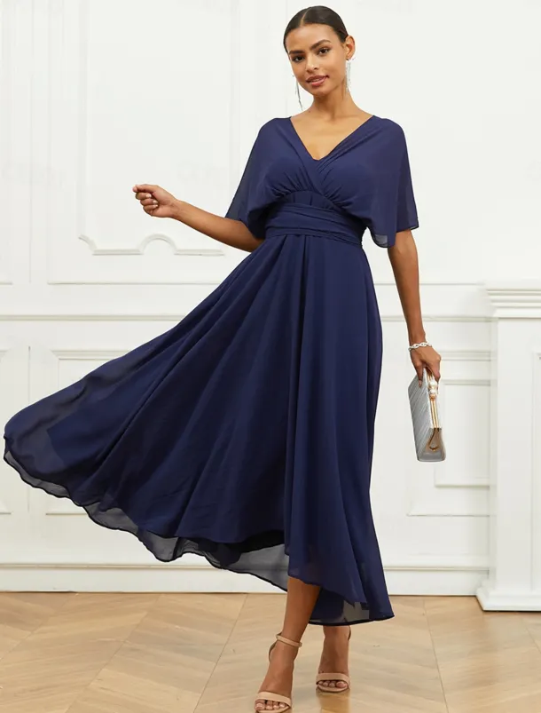 Women's Wedding Guest Cocktail Dress A Line Midi Chiffon Ruched Belted Elegant Formal One Shoulder Sleeveless Dress Navy Blue Color