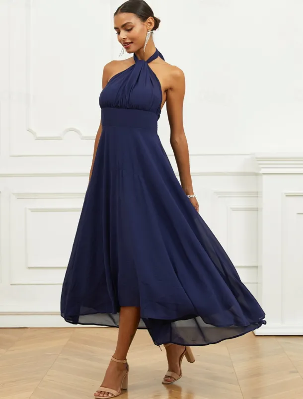 Women's Wedding Guest Cocktail Dress A Line Midi Chiffon Ruched Belted Elegant Formal One Shoulder Sleeveless Dress Navy Blue Color