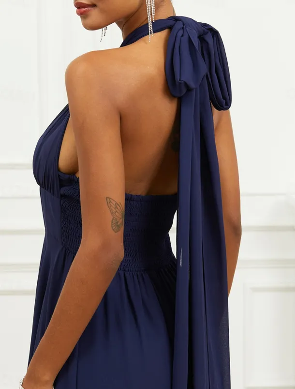 Women's Wedding Guest Cocktail Dress A Line Midi Chiffon Ruched Belted Elegant Formal One Shoulder Sleeveless Dress Navy Blue Color