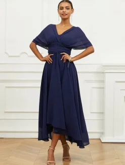 Women's Wedding Guest Cocktail Dress A Line Midi Chiffon Ruched Belted Elegant Formal One Shoulder Sleeveless Dress Navy Blue Color