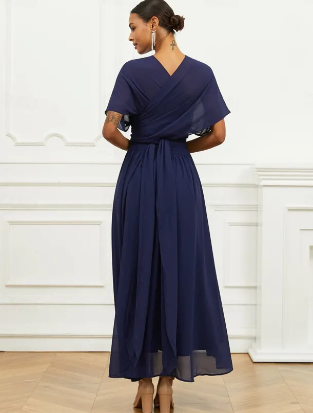 Women's Wedding Guest Cocktail Dress A Line Midi Chiffon Ruched Belted Elegant Formal One Shoulder Sleeveless Dress Navy Blue Color