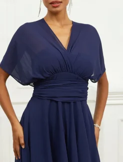 Women's Wedding Guest Cocktail Dress A Line Midi Chiffon Ruched Belted Elegant Formal One Shoulder Sleeveless Dress Navy Blue Color