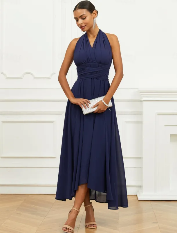 Women's Wedding Guest Cocktail Dress A Line Midi Chiffon Ruched Belted Elegant Formal One Shoulder Sleeveless Dress Navy Blue Color