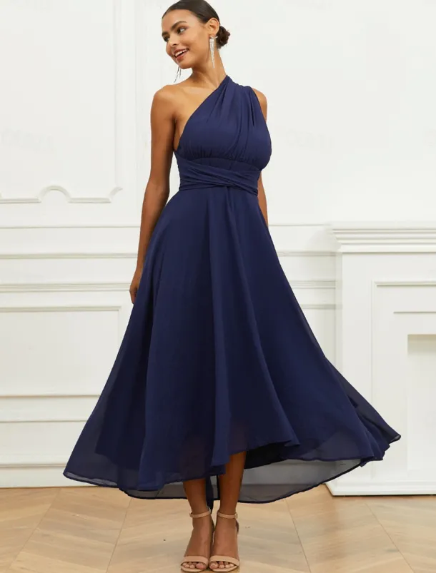 Women's Wedding Guest Cocktail Dress A Line Midi Chiffon Ruched Belted Elegant Formal One Shoulder Sleeveless Dress Navy Blue Color