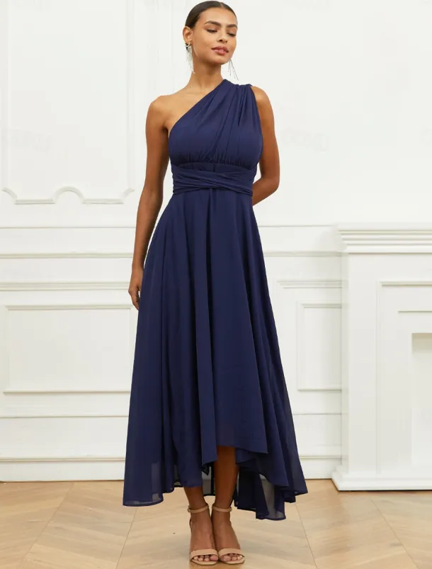 Women's Wedding Guest Cocktail Dress A Line Midi Chiffon Ruched Belted Elegant Formal One Shoulder Sleeveless Dress Navy Blue Color