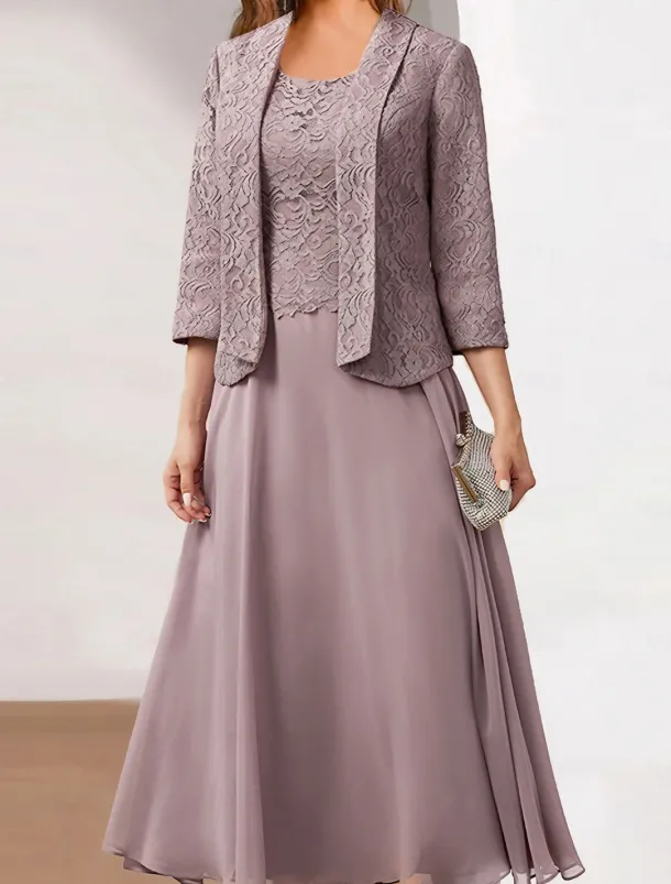 Women's Wedding Guest Cocktail Dress Chiffon Fashion Lace Patchwork Elegant Two Piece Dress Set Fall Winter Midi Dress Crew Neck 3/4 Length Sleeve Plain Loose Fit Pink