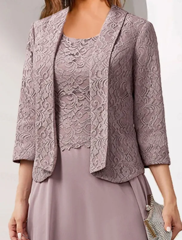 Women's Wedding Guest Cocktail Dress Chiffon Fashion Lace Patchwork Elegant Two Piece Dress Set Fall Winter Midi Dress Crew Neck 3/4 Length Sleeve Plain Loose Fit Pink